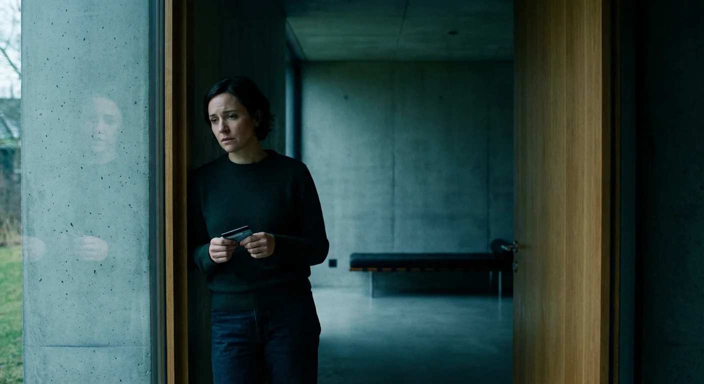 A person looking thoughtfully at a credit card in a modern doorway.