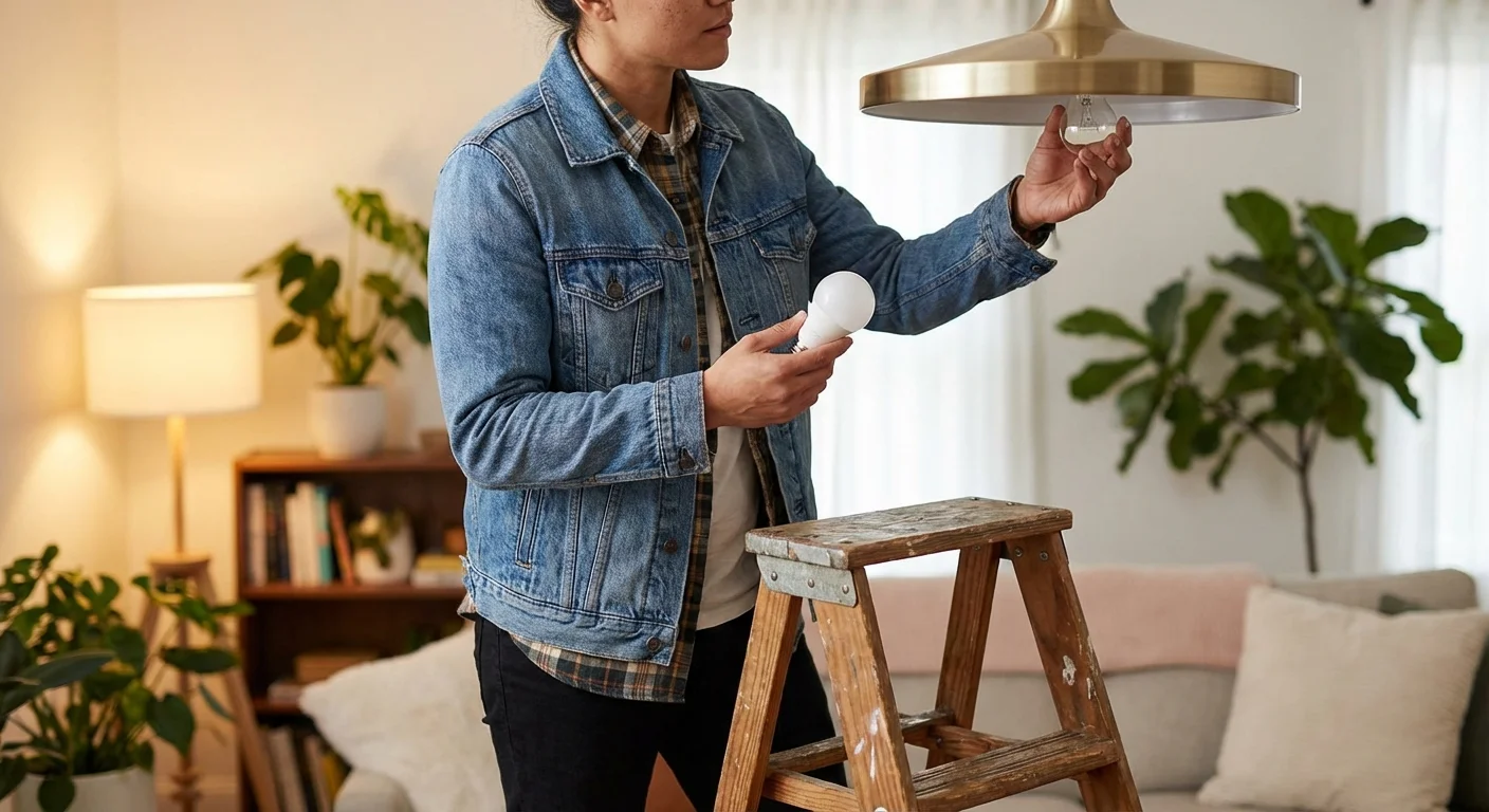 A person replacing an incandescent bulb with an energy-efficient LED bulb.