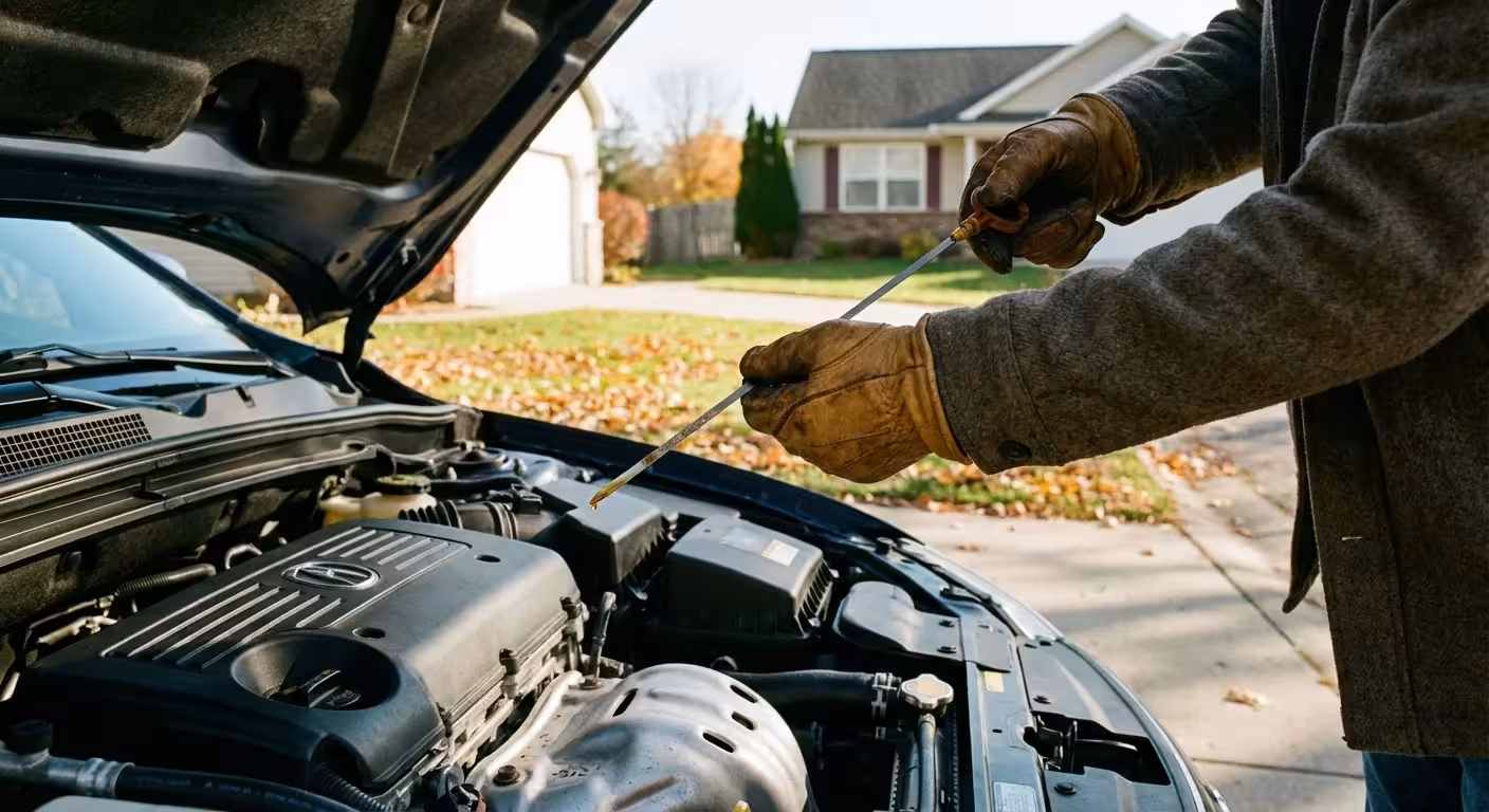 Close-up of a person checking their car's oil dipstick in a bright driveway.