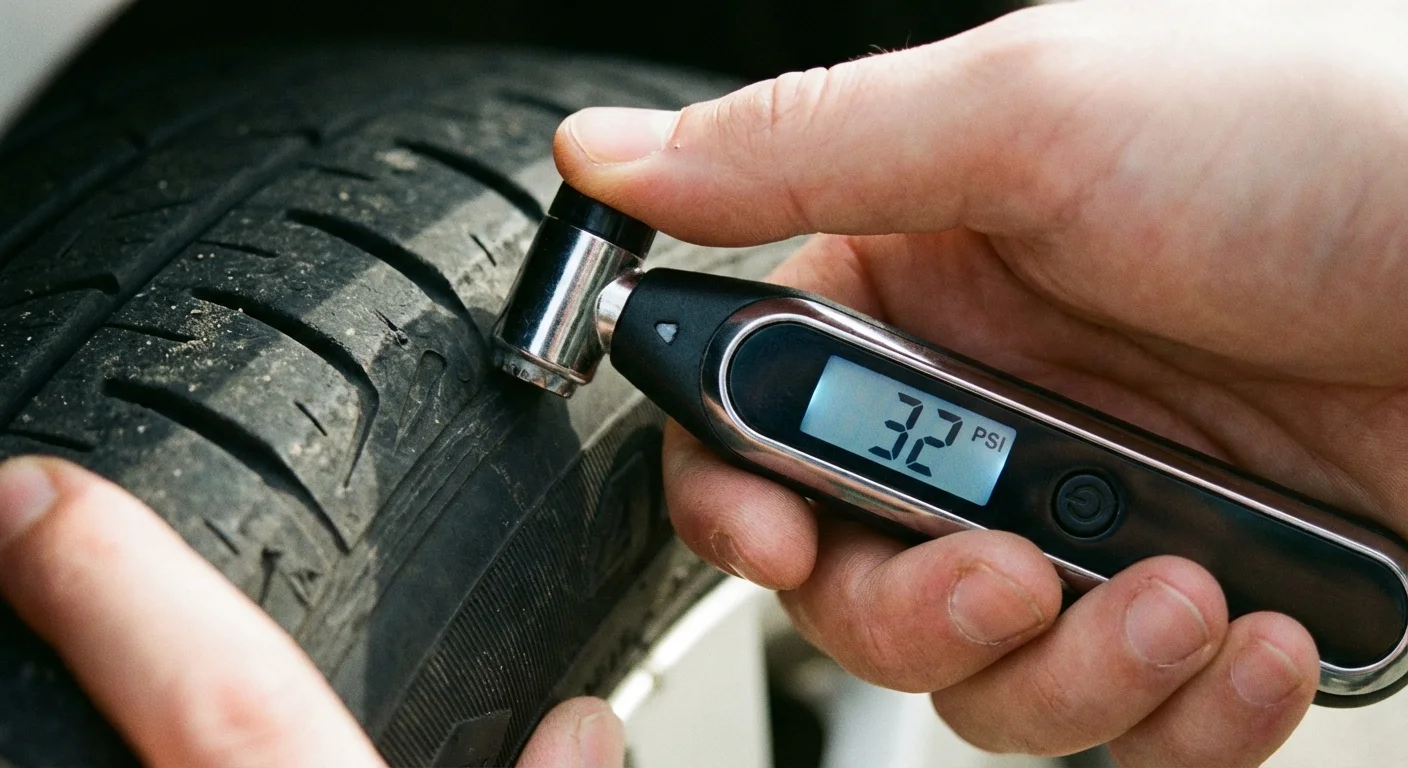 Close-up of a hand using a digital tire pressure gauge on a car tire.