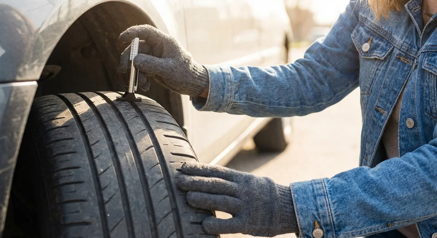 Hands checking the tire tread of a used car with a gauge.
