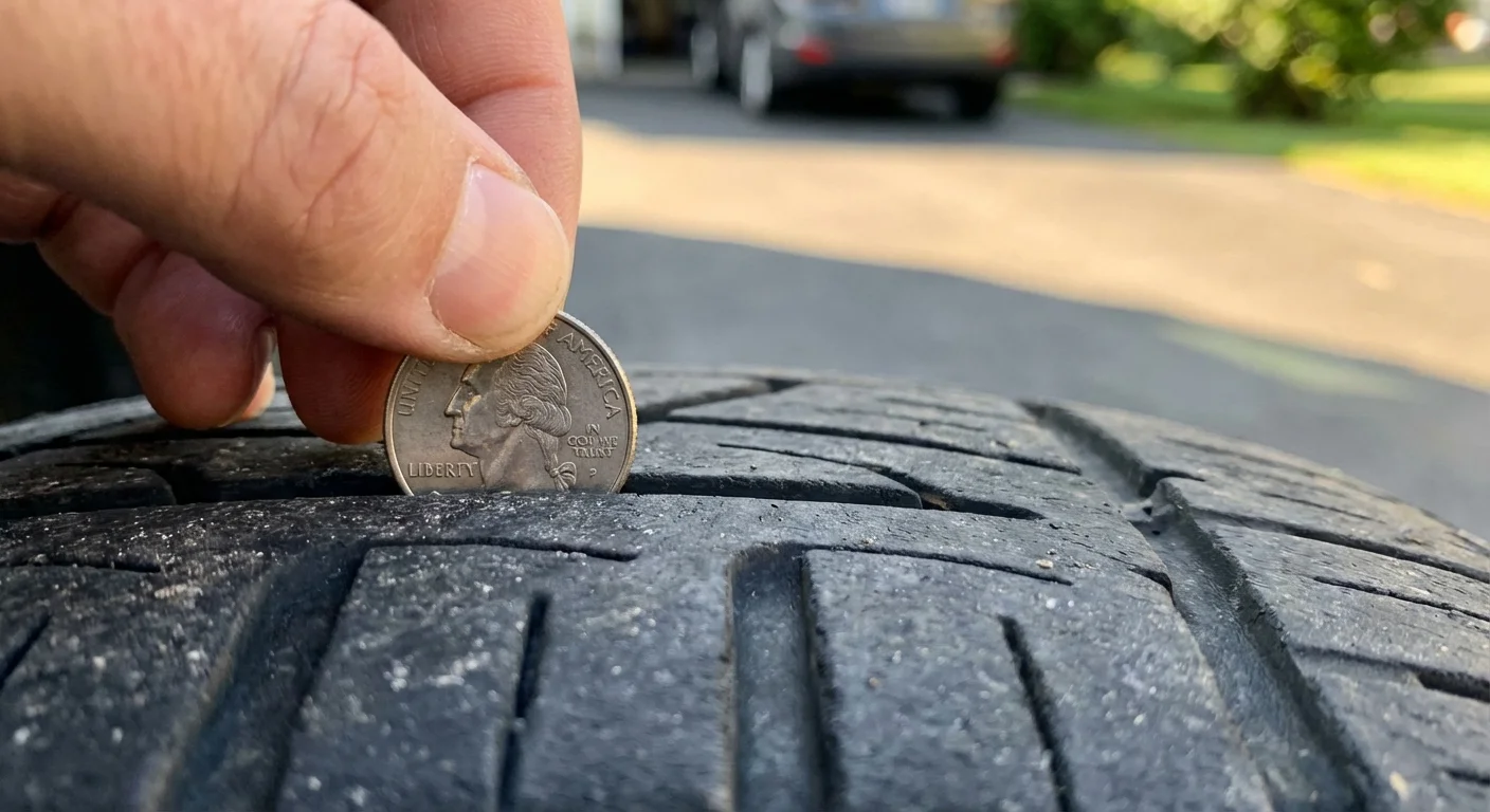 A hand performing a tread depth test using a quarter coin on a tire.