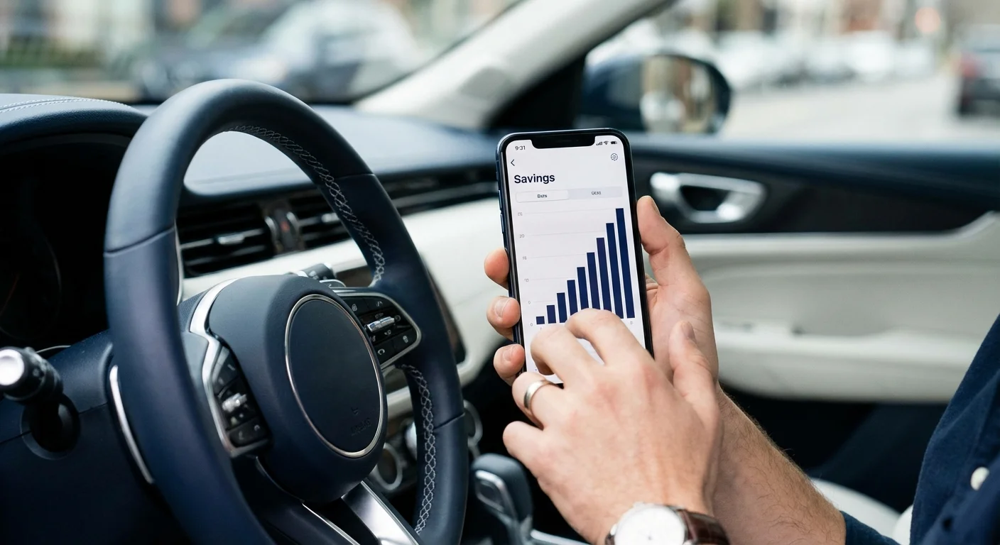 Hands holding a phone showing savings data inside a car.