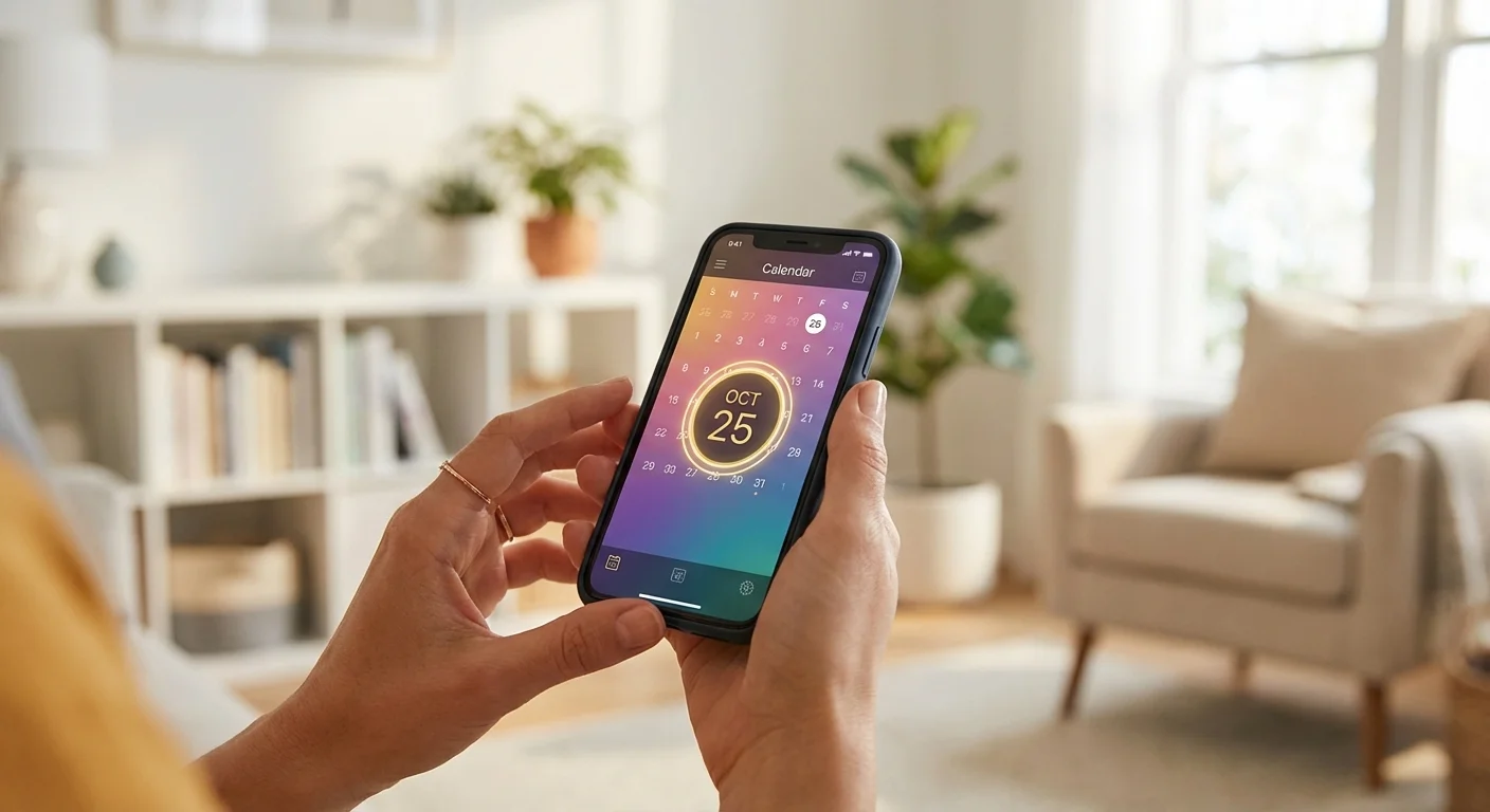 Hands holding a smartphone displaying a highlighted date on a digital calendar.