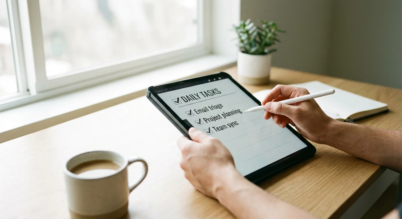 A person checking off items on a digital tablet checklist.