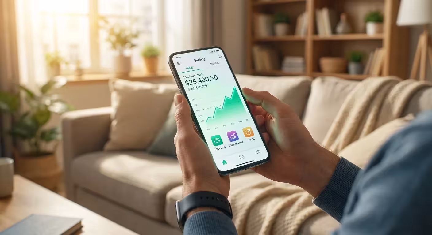 A person holding a smartphone showing a savings growth chart.