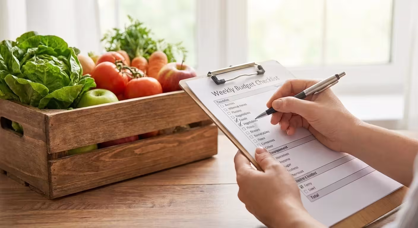Hands checking off a list next to a crate of fresh vegetables.