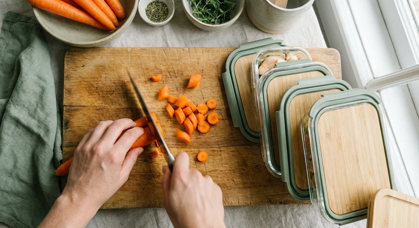 Hands chopping vegetables on a wooden board next to glass meal prep containers.