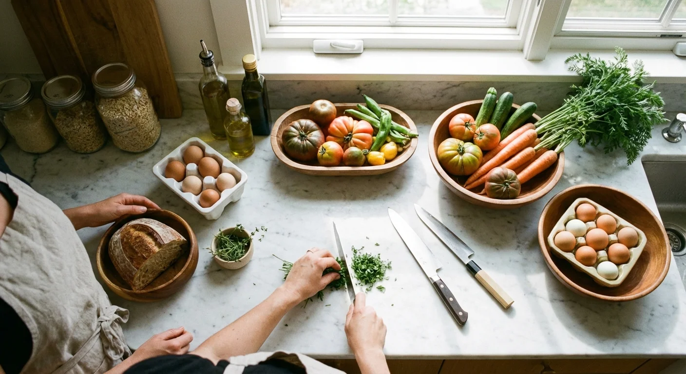 A neatly organized kitchen counter with fresh groceries being prepared for the weekend.