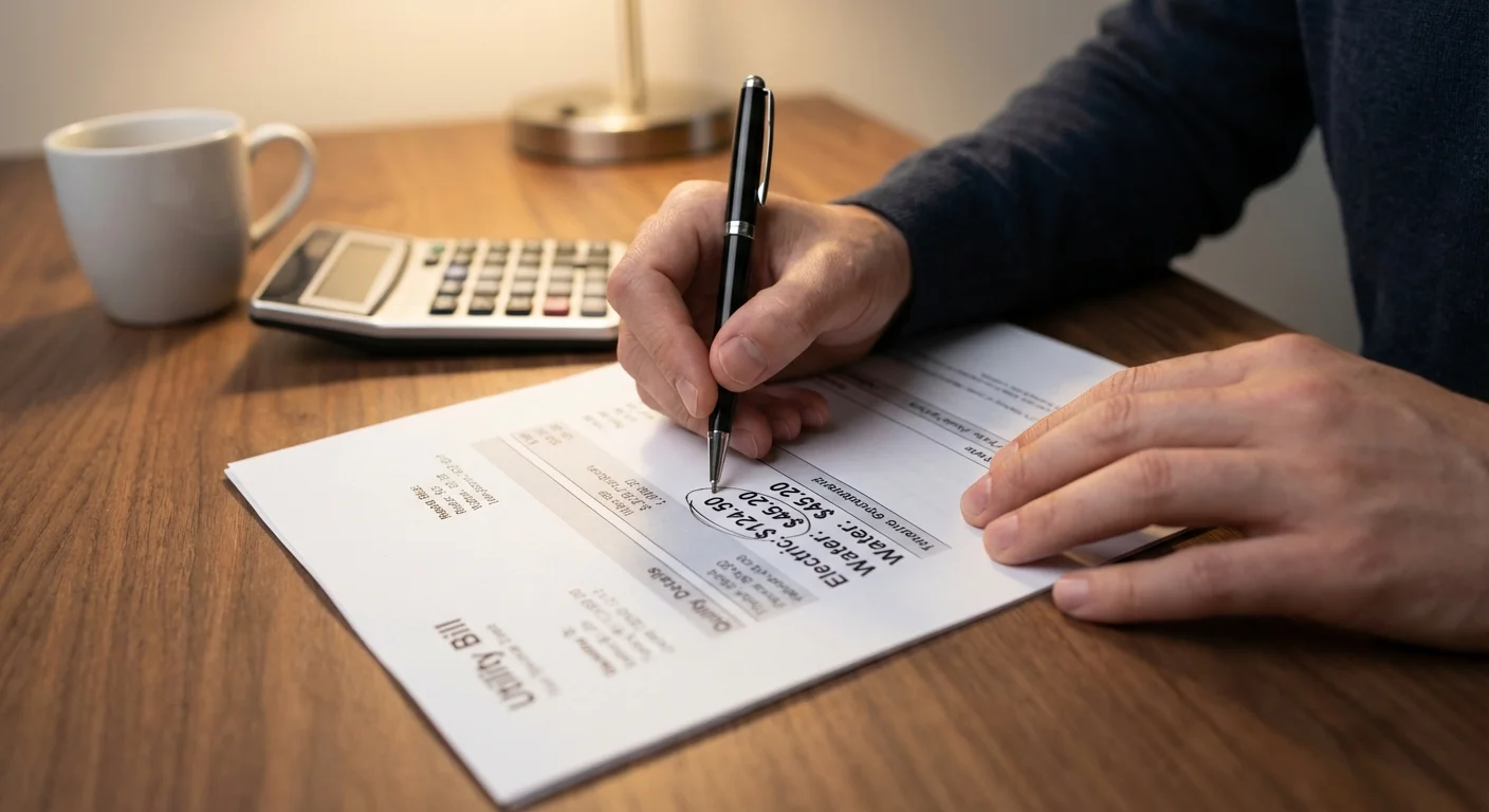 A person looking thoughtfully at a document while sitting in a bright living room.