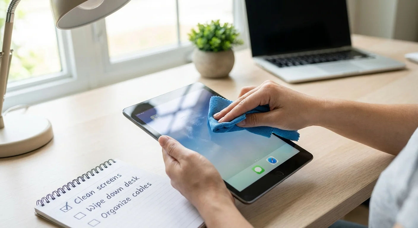Hands cleaning a tablet screen next to a paper checklist on a desk.