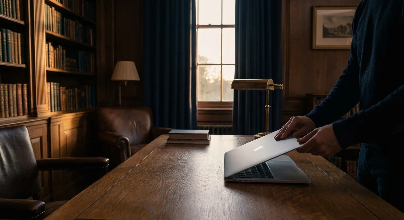 A person closing a laptop in a quiet, private room.