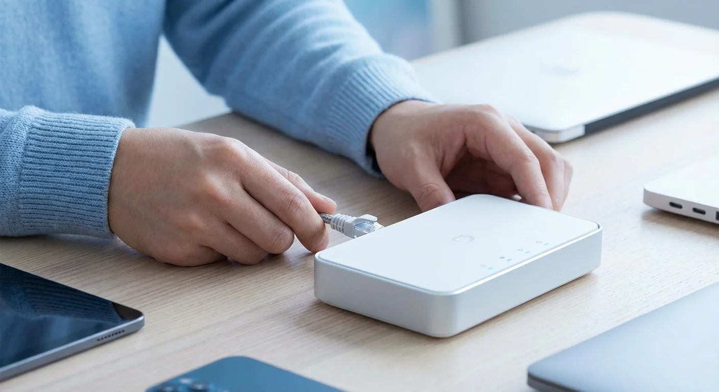 A person setting up a modern internet router to save on rental fees.