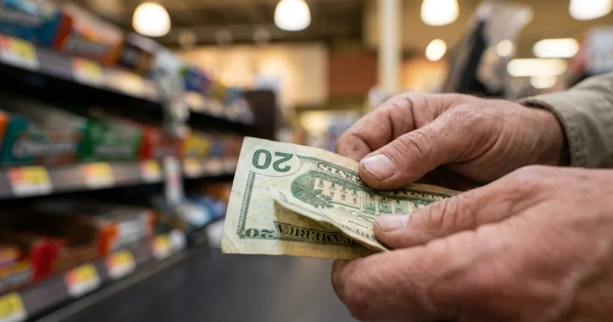 Close-up of a person's hands counting twenty-dollar bills in a blurred grocery store aisle.