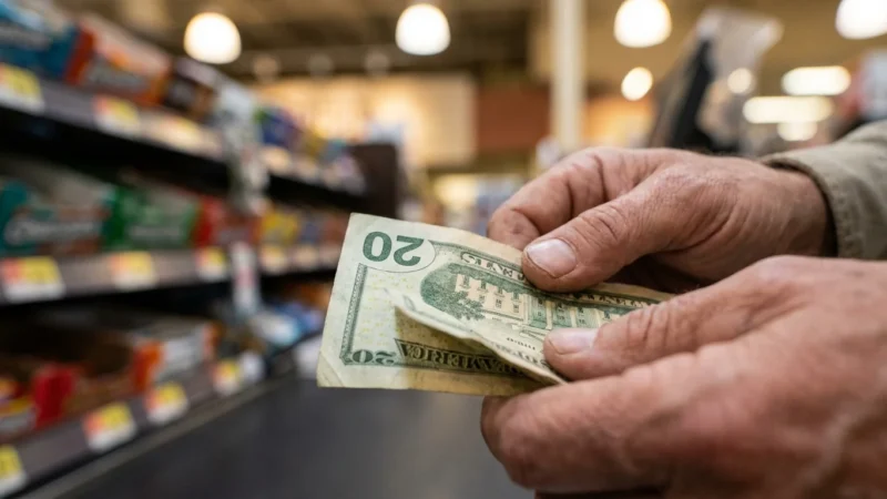 Close-up of a person's hands counting twenty-dollar bills in a blurred grocery store aisle.