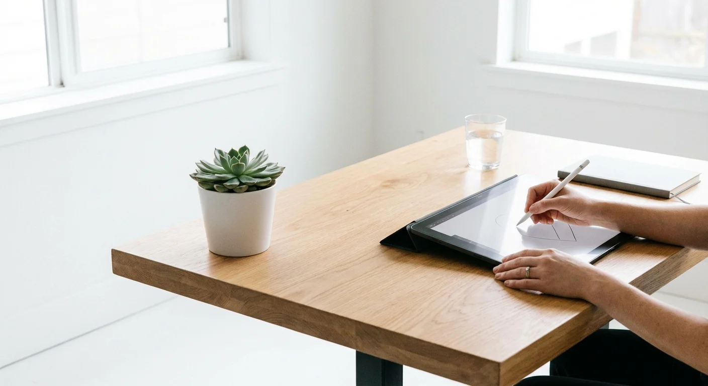 A person using a stylus on a tablet at a clean, minimalist desk.