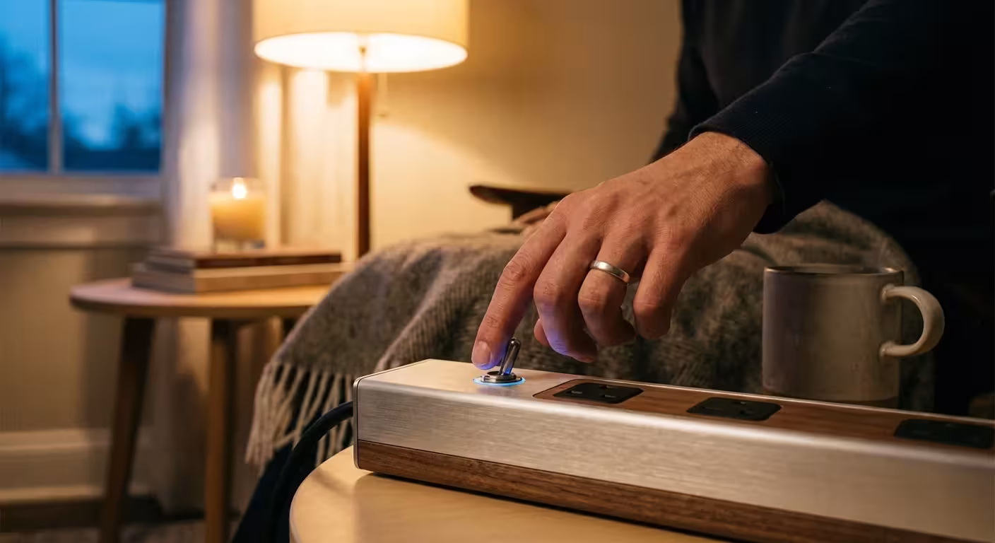 A hand flipping a power switch in a cozy, evening-lit room.