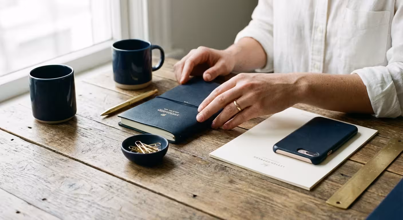 Close-up of hands organizing a clean workspace with a smartphone and notebook.
