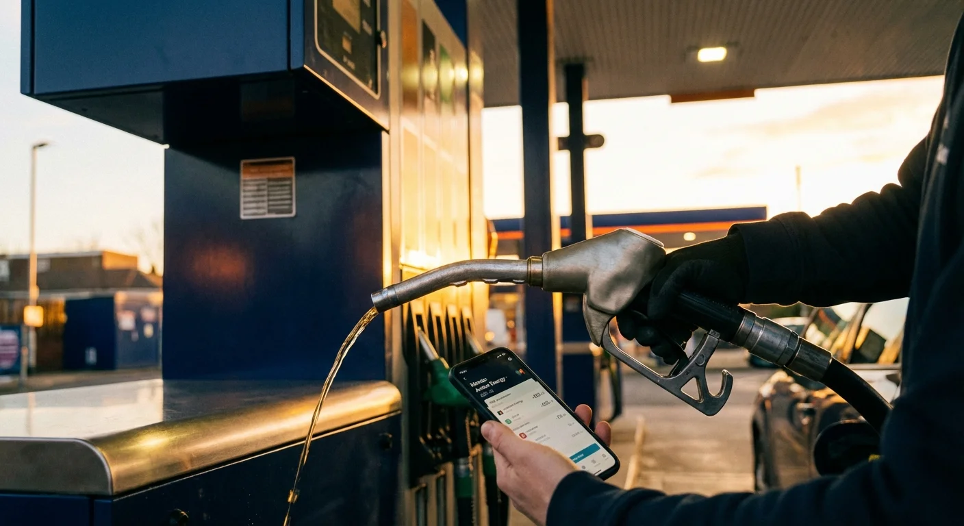 A person pumping gas while checking their banking app on a smartphone.