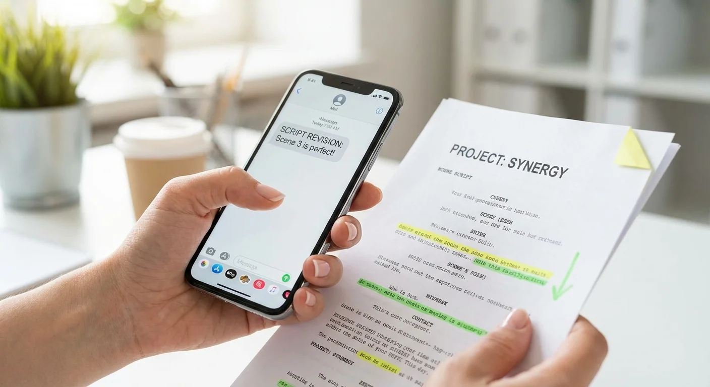 Hands holding a phone and a highlighted script for a negotiation call.