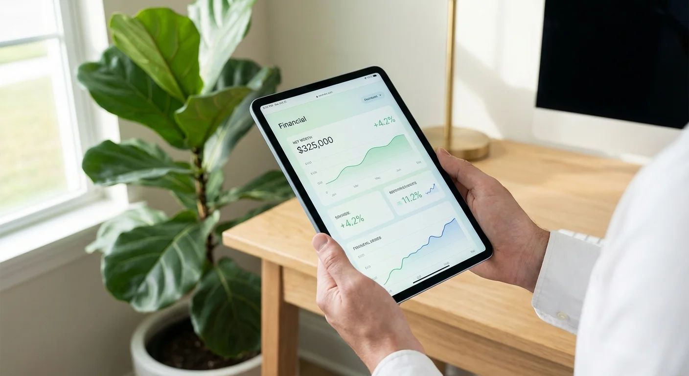 Close-up of hands holding a tablet showing a clean financial dashboard with charts.