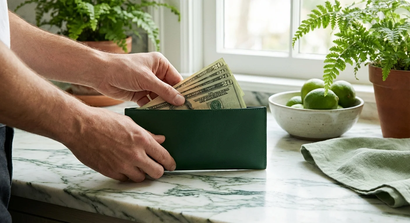 Close-up of hands putting cash into a wallet on a marble surface.