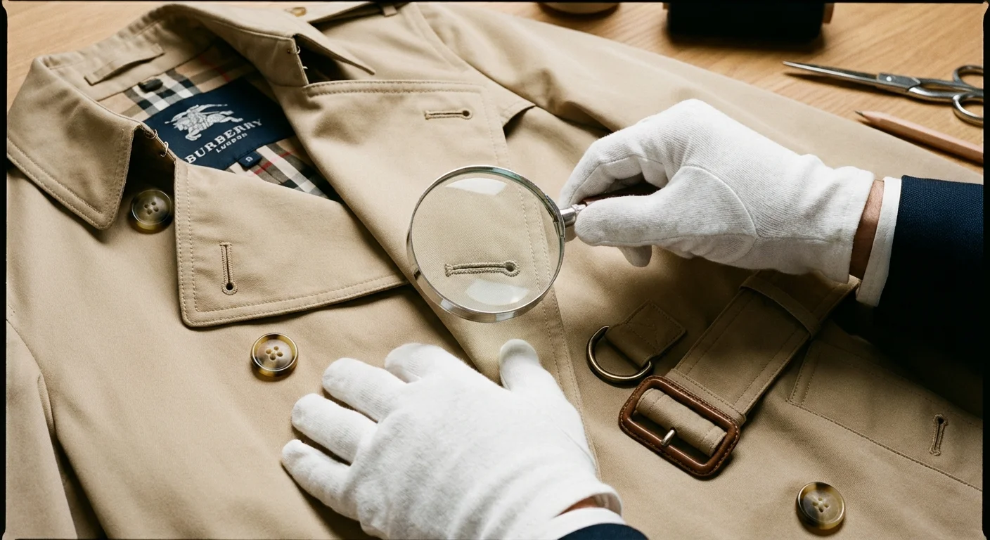Hands in white gloves inspecting the details of a designer coat for authenticity.