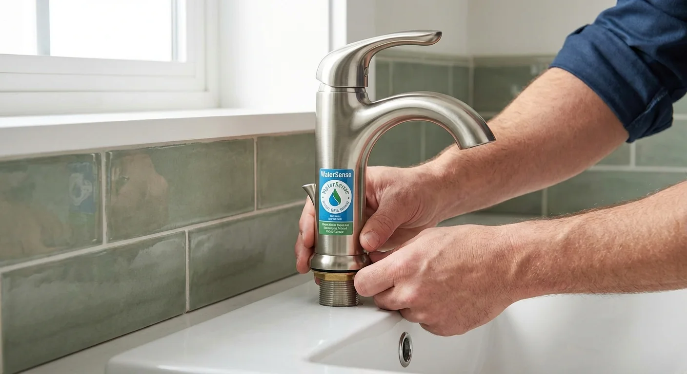 Close-up of a professional installing a water-efficient faucet in a stylish bathroom.