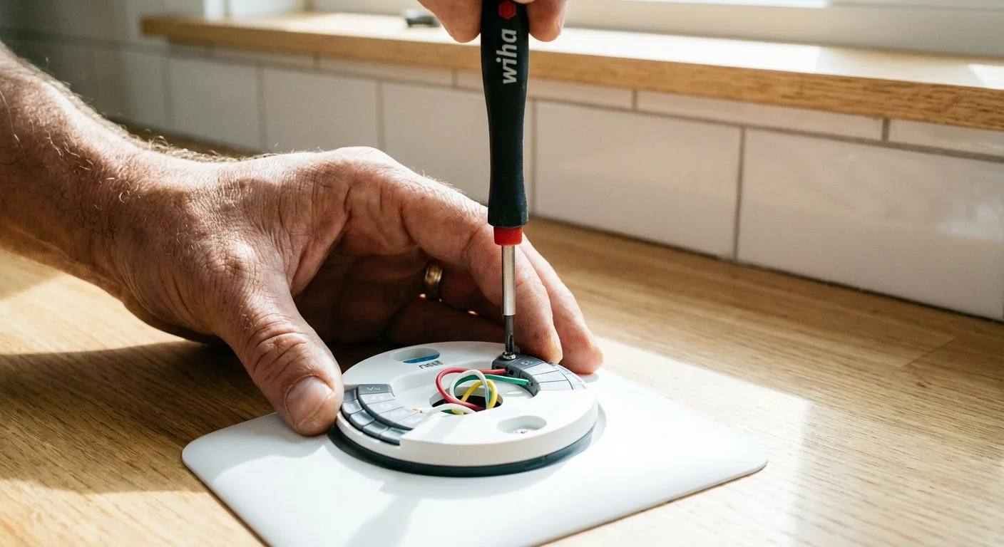 A professional technician installs a new smart thermostat baseplate.