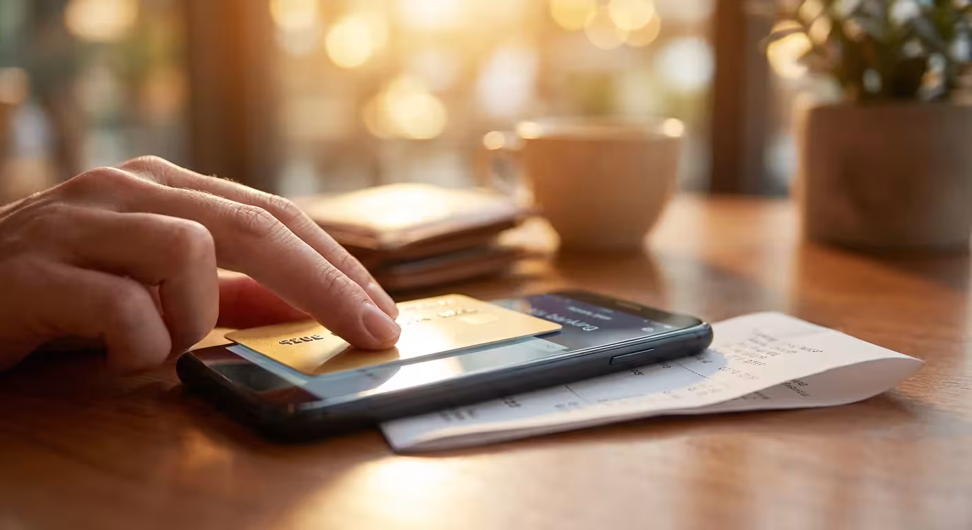 A credit card, smartphone, and receipt stacked neatly to symbolize reward stacking.