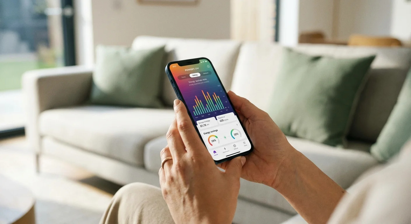 Close-up of a person using a mobile app to track home energy costs.