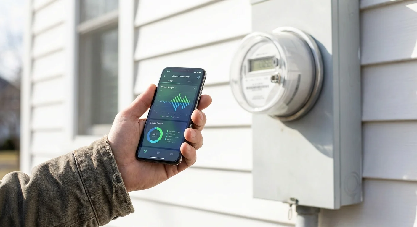 Hand holding a smartphone showing an energy monitoring app in front of a house.