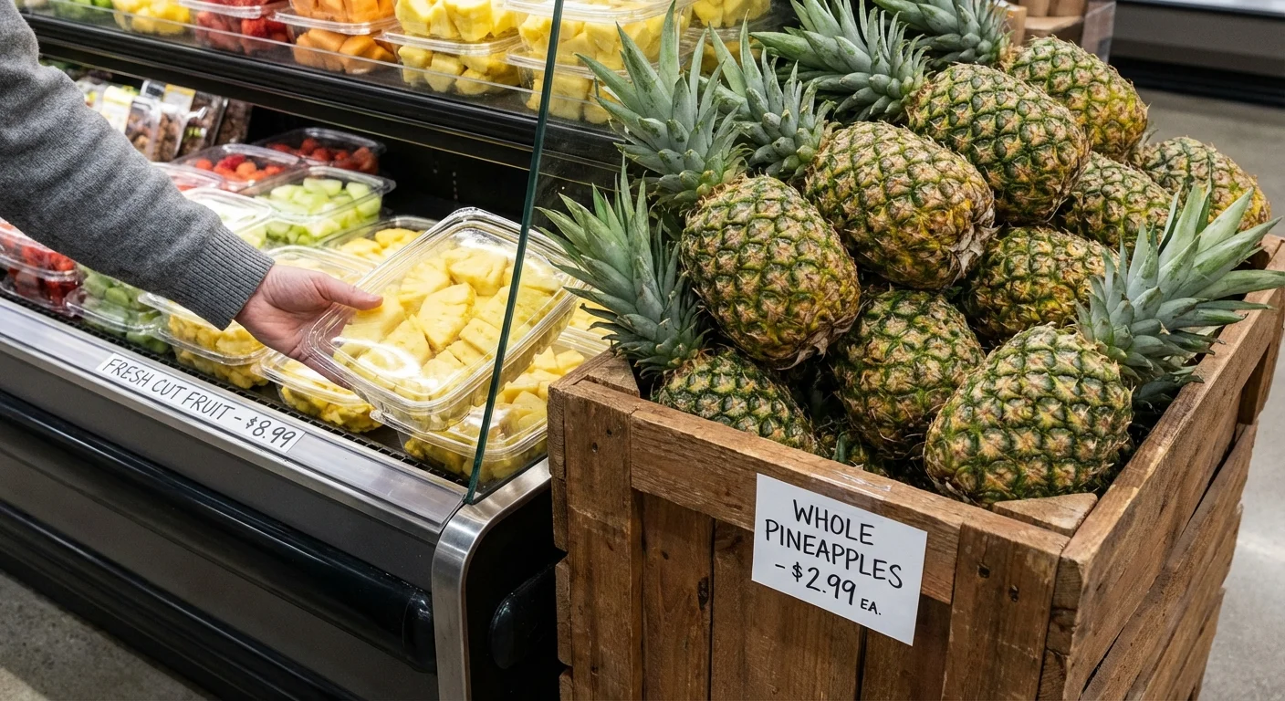 Hand choosing between pre-cut fruit and whole pineapple.