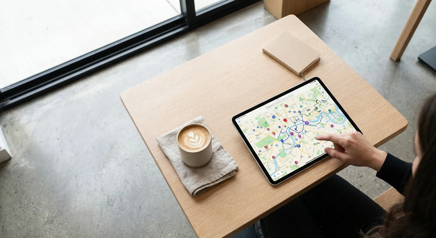 Overhead view of a person using a tablet with a map interface at a bright cafe table.