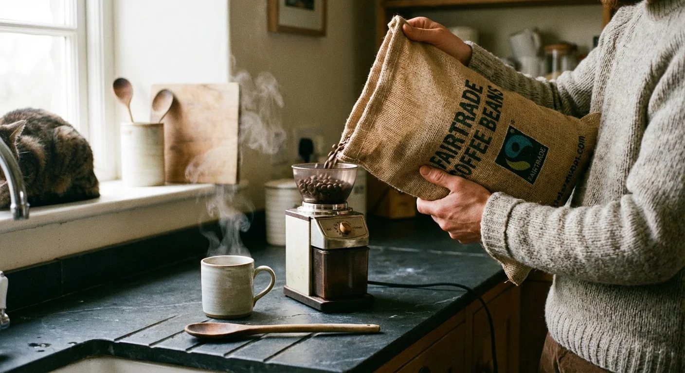 A person pours Fairtrade coffee beans from a burlap sack into an electric grinder.