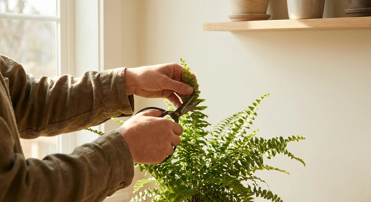 Hands caring for a houseplant in a bright, minimalist room.