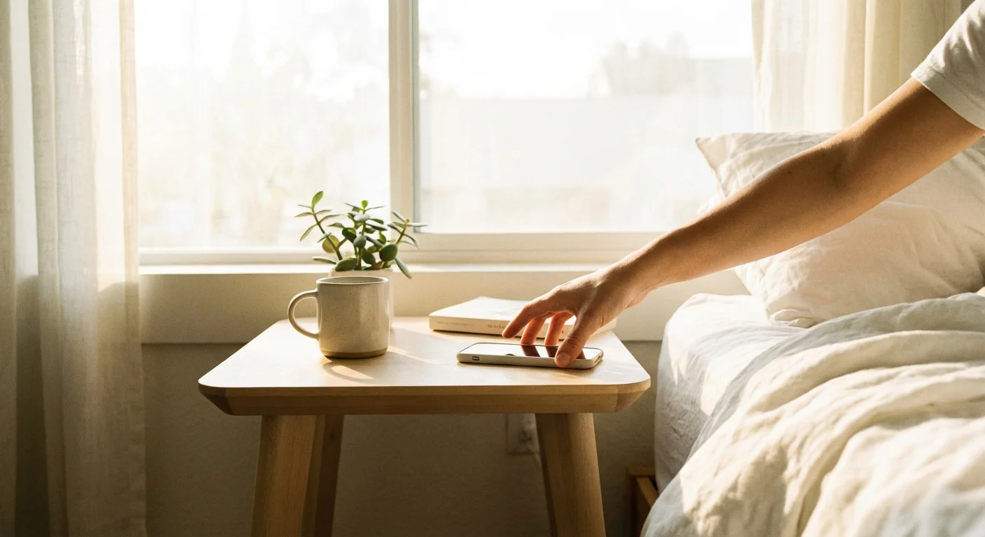 A hand reaching for a phone on a bedside table in the morning light.