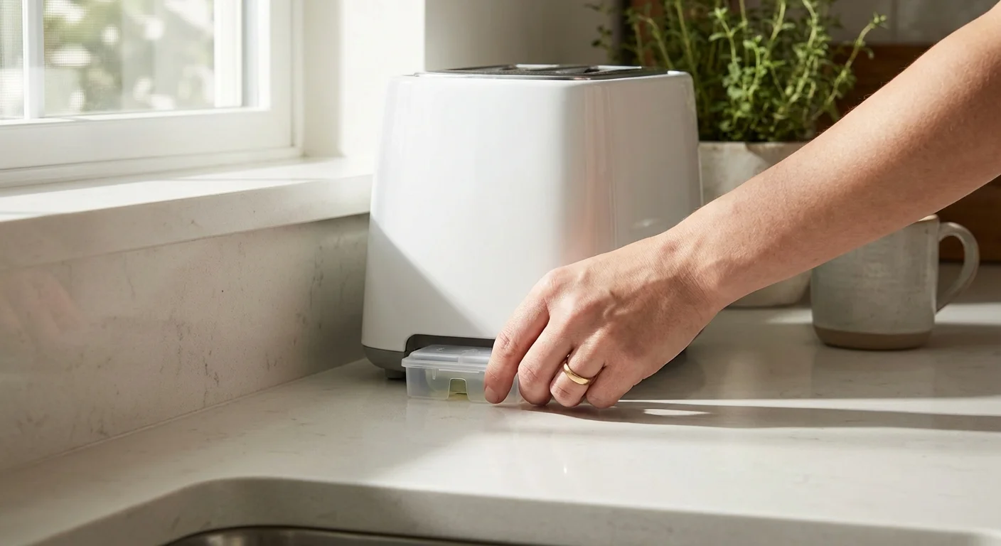Hand removing a crumb tray from a white toaster on a bright kitchen counter.