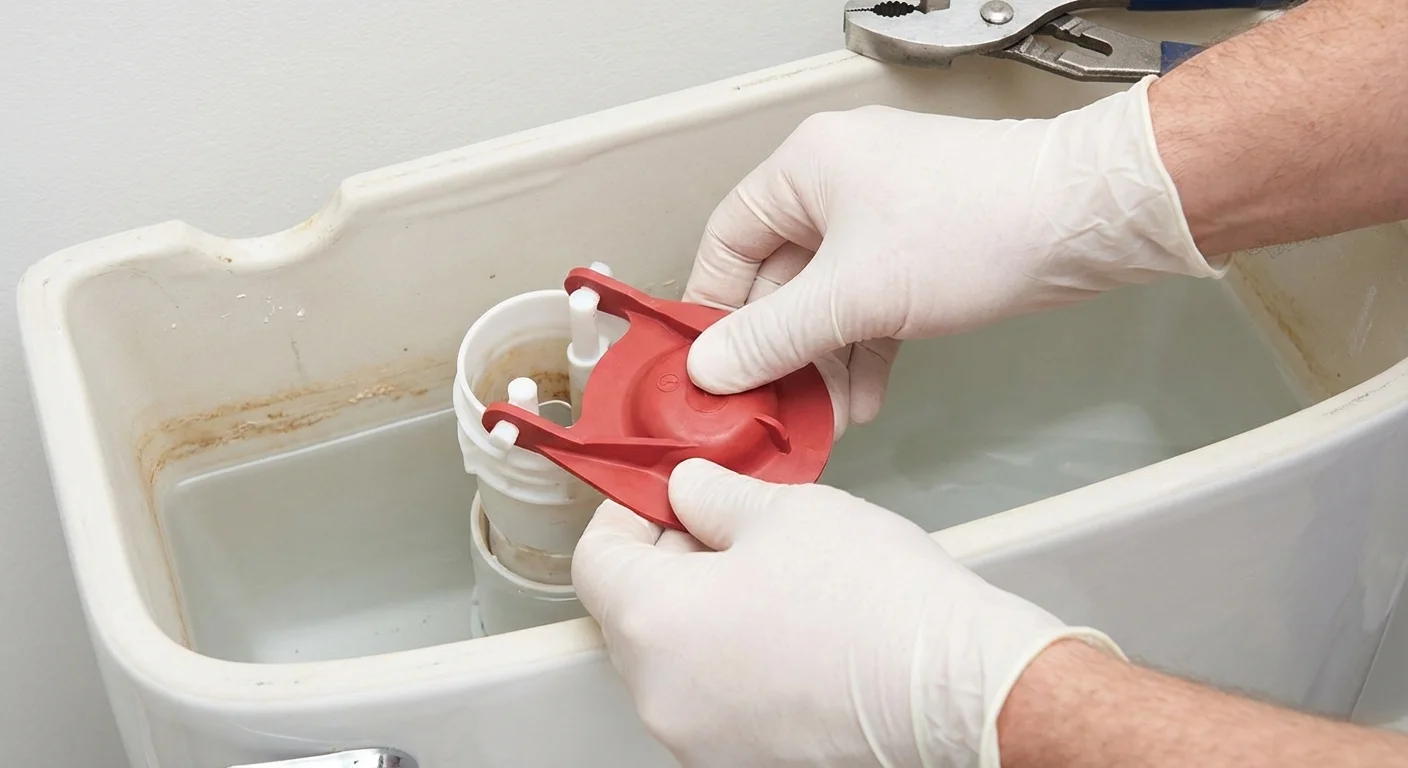 Hands installing a new red rubber flapper in a dry toilet tank.