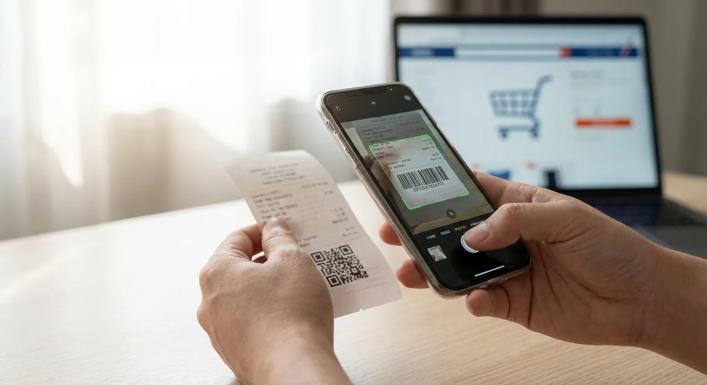 Close-up of hands scanning a receipt with a smartphone on a wooden table.