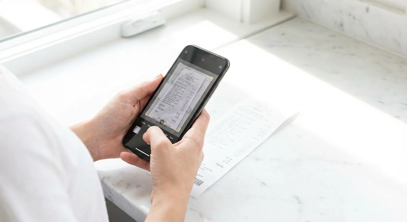Hands using a smartphone to scan a paper receipt on a marble surface.