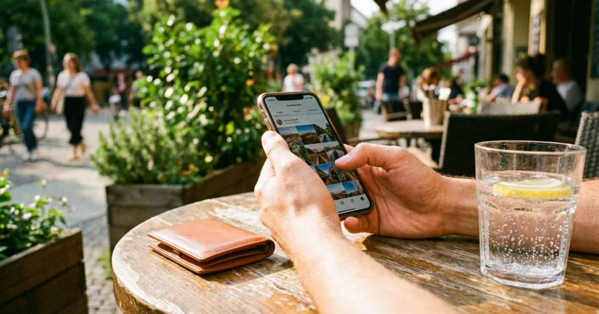 Close-up of hands scrolling through photos on a smartphone at an outdoor cafe table.