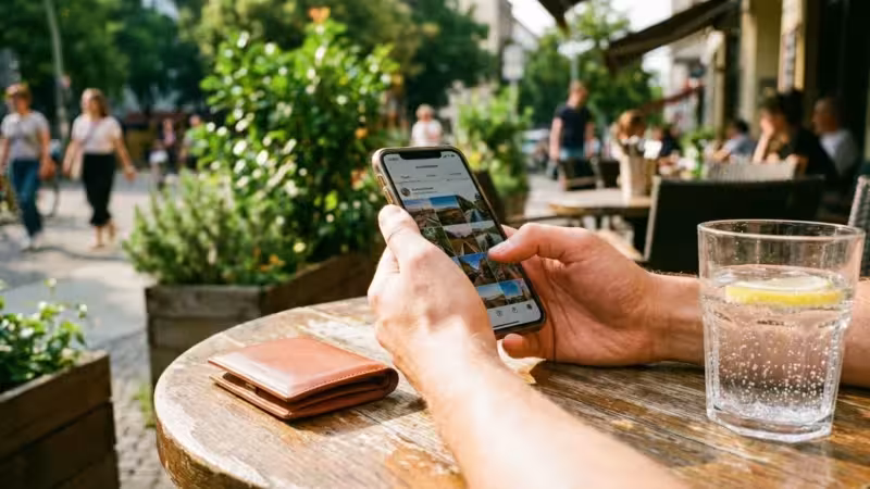 Close-up of hands scrolling through photos on a smartphone at an outdoor cafe table.