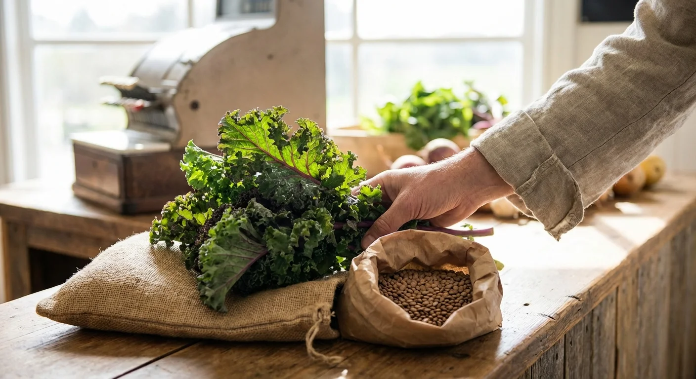 Fresh kale and a bag of bulk lentils on a wooden checkout counter.