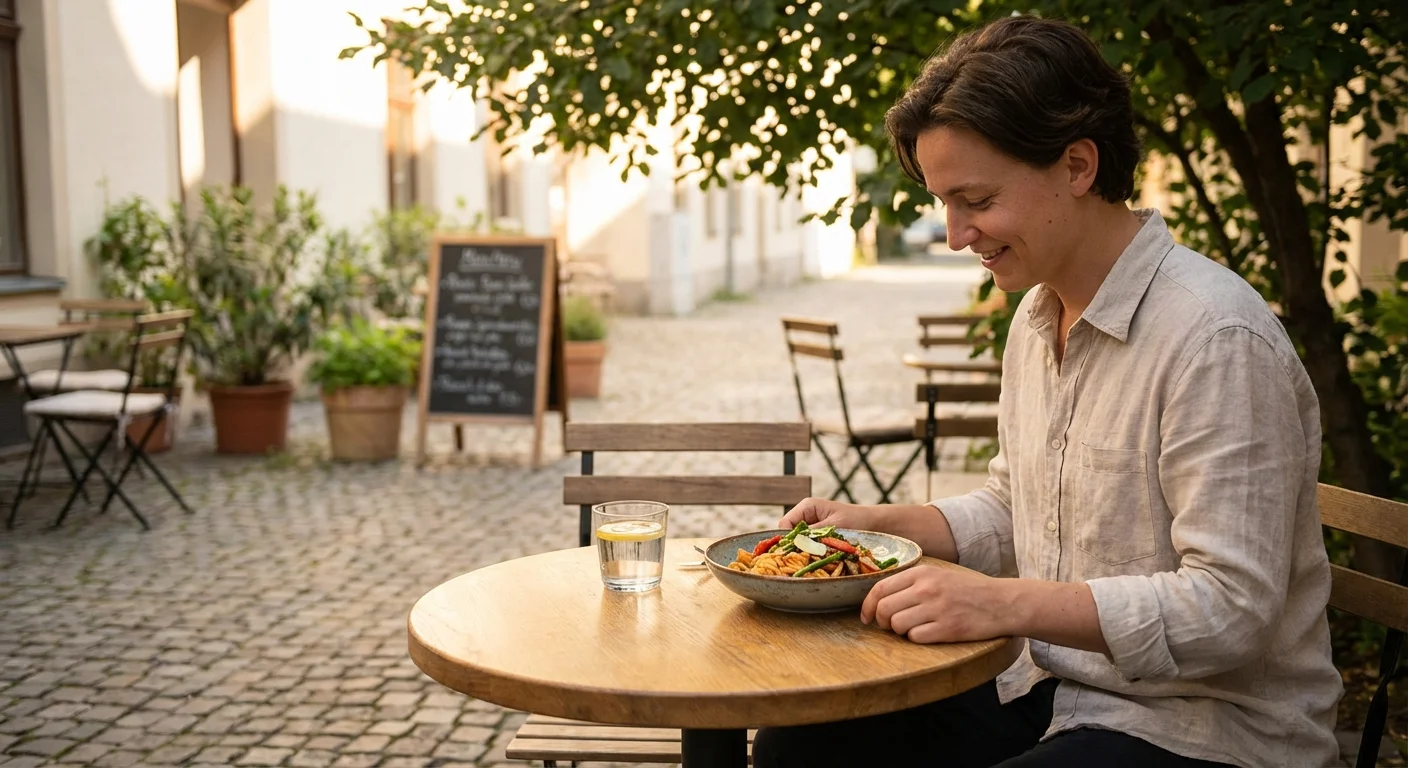 A person enjoying a deliberate, high-quality meal at a cafe.