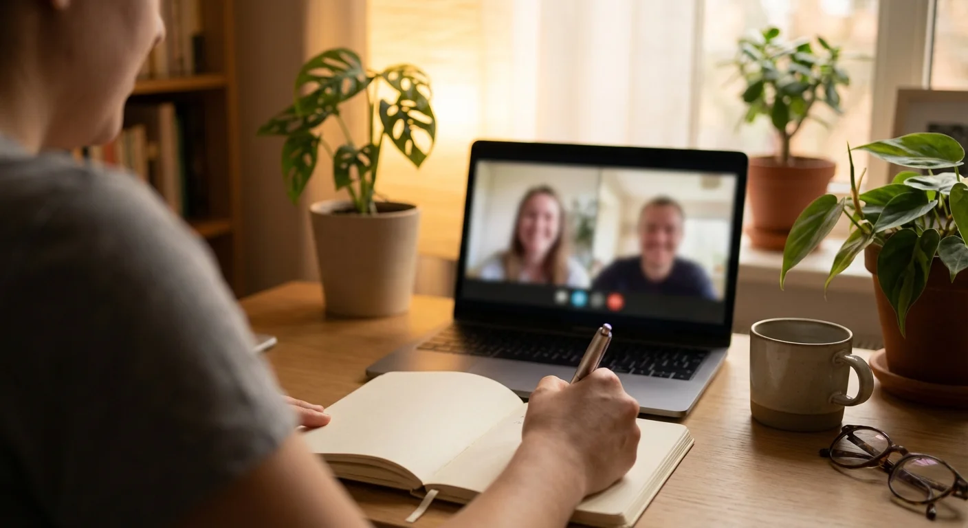 A person taking notes during a professional video consultation on a laptop.