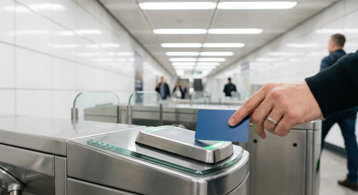 A hand tapping a transit card on a modern electronic fare gate in a clean station.