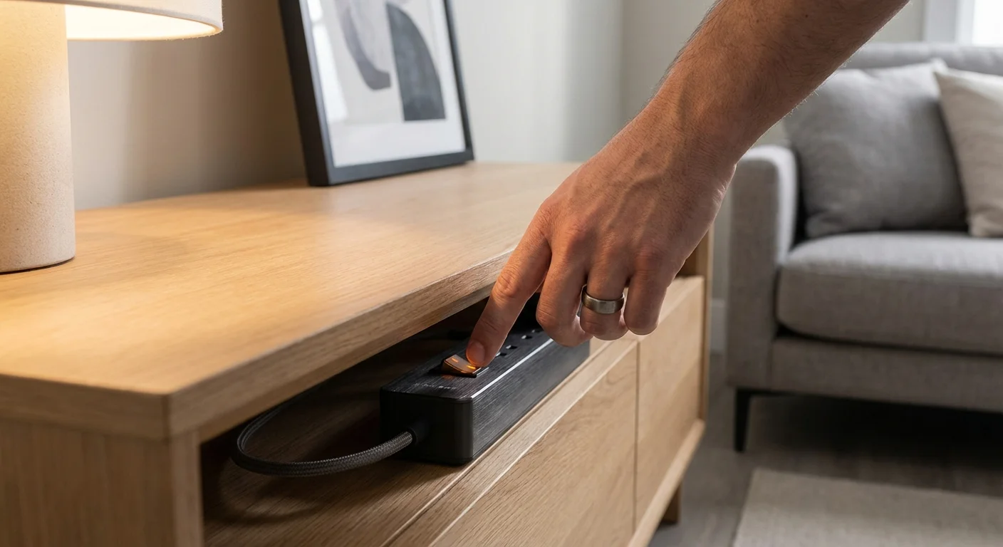A hand turning off a power strip to prevent vampire energy drain.