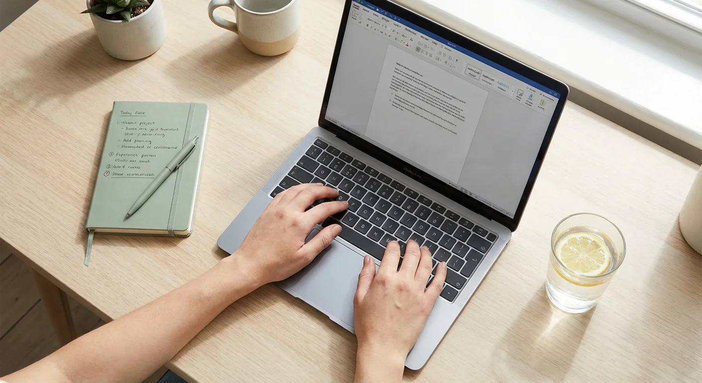 Overhead view of a clean workspace with a laptop and notebook.