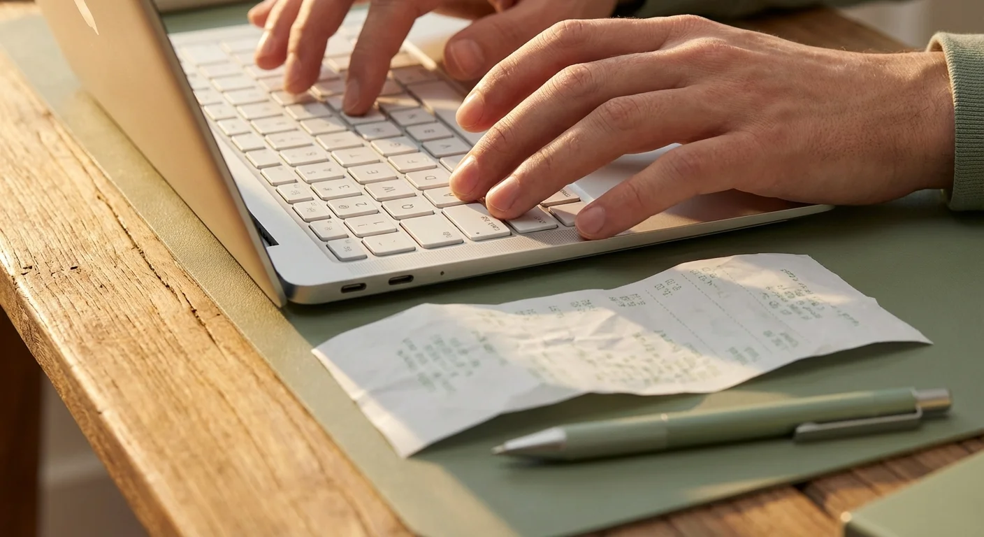 Close-up of hands typing on a laptop next to a receipt, symbolizing manual expense tracking.